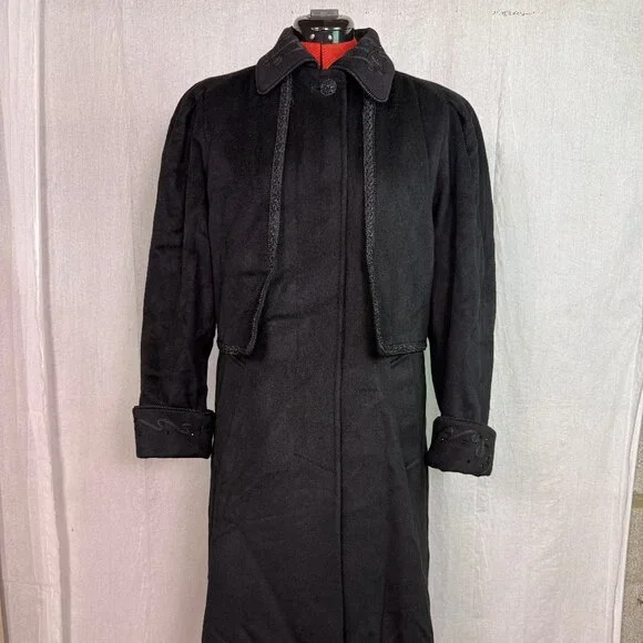 Vtg Lorovi Black Wool Coat Cape Collar Trim Elegant Overcoat Check Measurements - Picture 1 of 11